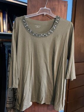 Catherines Olive Jeweled Scoop Neck Long Sleeve Top